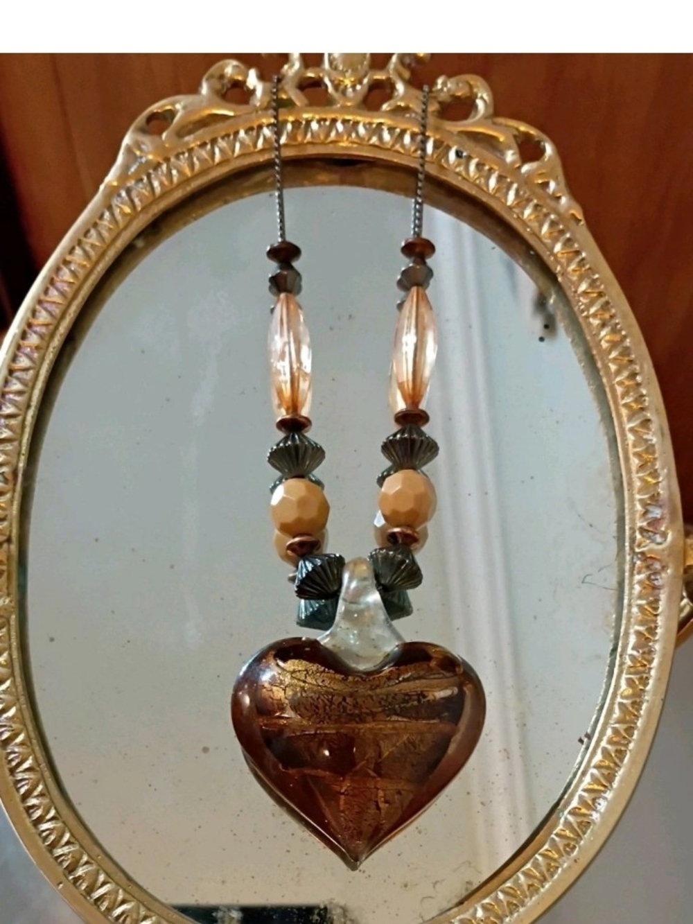 VTG BEADED MURANO HUGE HEART NECKLACE WARM TONED